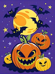 Fototapeta premium Spooky Halloween scene with pumpkins and bats under a full moon.