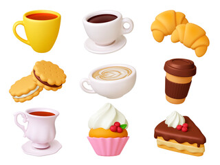 3d coffee and pastry. Tea cup, take away and cappuccino. Croissants and cookies, sweet cake desserts with cream and chocolate. Bakery shop pithy vector set © MicroOne