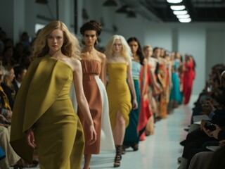 Fototapeta premium A runway of a group of women walking down the catwalk, AI