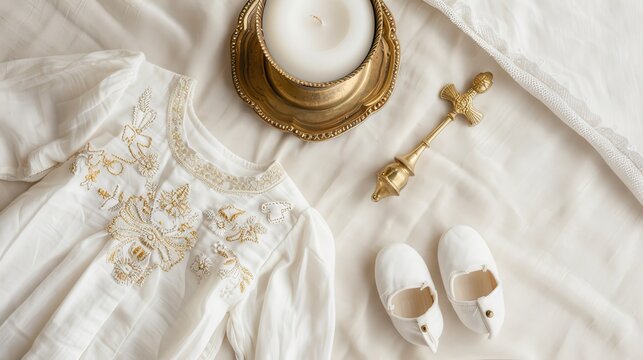 A white christening gown with embroidered flowers, a gold cross, a candle in a golden holder, and baby shoes