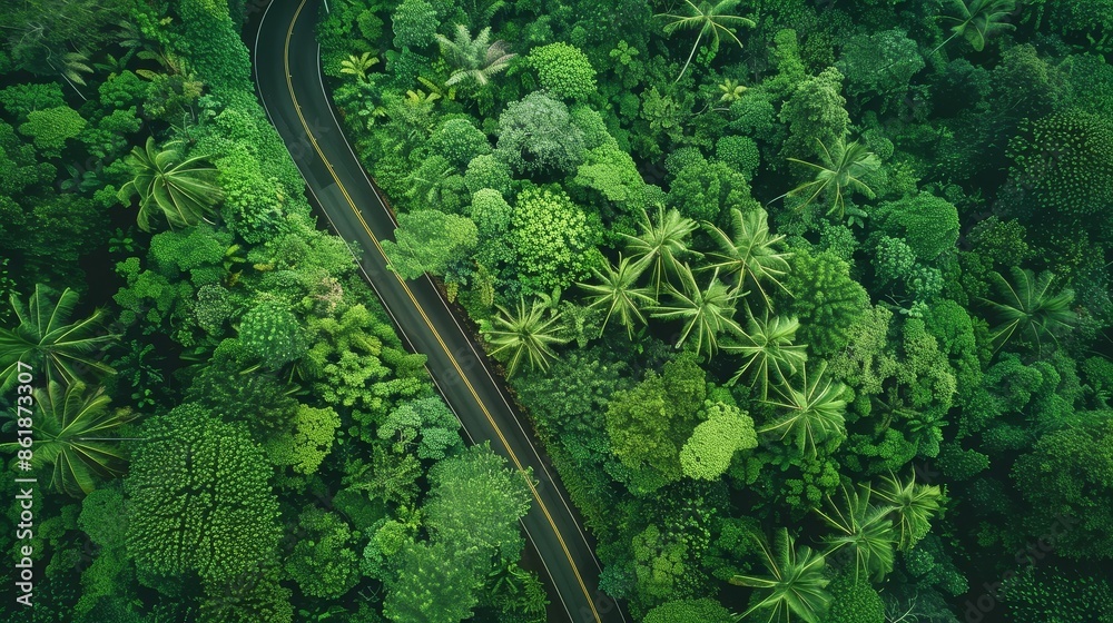 Sticker Captivating aerial perspective of a winding road snaking through a dense,vibrant green forest landscape,highlighting the natural beauty and scenic appeal of the wilderness environment.