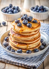 Stack of pancakes topped with blueberries and syrup.