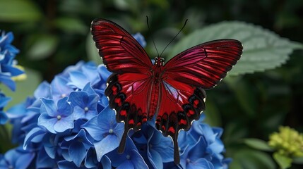 A deep red butterfly with reflective wings perched on a blue hydrangea, the simplicity highlighted by the dark forest green background