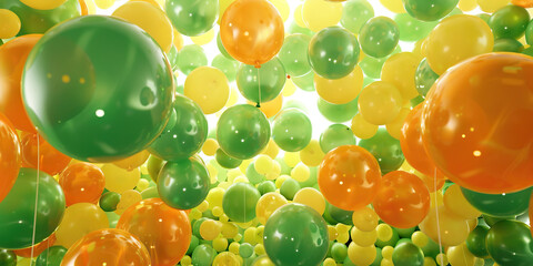 A sea of green, yellow, and orange balloons cascades down from the ceiling, creating a festive atmosphere for the big reveal of the raffle winners.