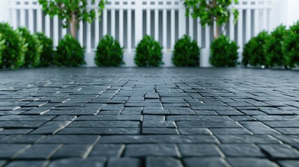 A low-angle view of a cobblestone path leading to a white picket fence and green bushes