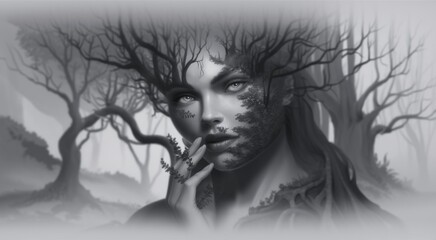 Fototapeta premium A black and white drawing of a woman with trees on her face, AI