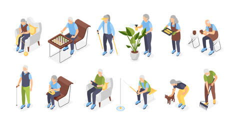 Isometric elderly characters. Old people hobbies, knitting fishing gardening reading and chess playing. Pension lifestyle flawless vector set