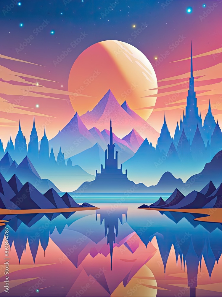 Poster Fantasy landscape with mountains and a glowing sunset.