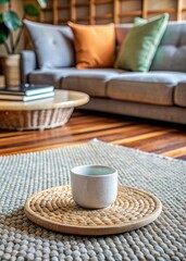 Cozy living room with a coffee table and sofa.