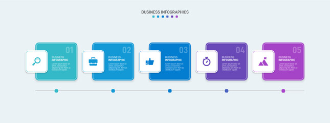 Horizontal progress bar featuring 5 arrow-shaped elements, symbolizing the five stages of business strategy and progression. Clean timeline infographic design template. Vector for presentation