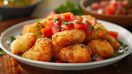 The image shows a plate of golden, round, breaded chicken pieces, garnished with chopped tomatoes