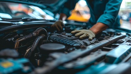Gloved hands are seen performing a detailed engine checkup on a vehicle, highlighting the care, precision, and technical knowledge required for proper automotive maintenance.
