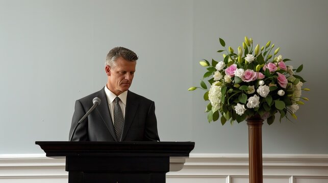 A man in a suit stands behind a podium giving a eulogy at a funeral