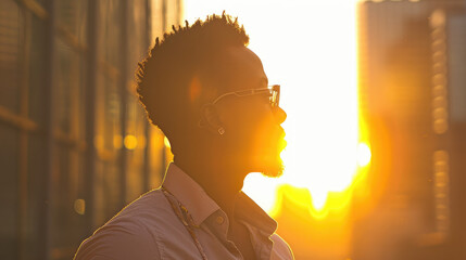 A person stands in profile against a warm, glowing sunset between buildings, wearing glasses and a button-up shirt, radiating a calm and reflective mood.