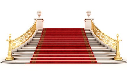 The image shows a red carpet staircase with a gold railing isolated on white background 