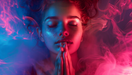 Obraz premium Meditative Woman in Neon Light and Colorful Smoke