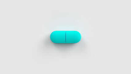 Turquoise single pill isolated on a white background. Tablet, pill capsule top view, flat lay. 3d render illustration 