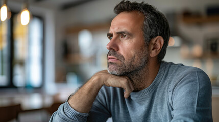 Obraz premium A man with a thoughtful expression sits indoors, resting his chin on his hand. The room is softly lit, with blurred background elements, creating a contemplative ambiance.
