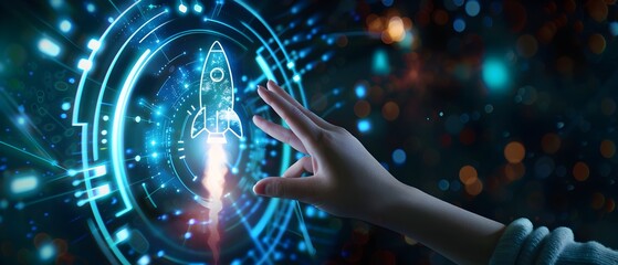 Hand touching rocket icon on digital screen, representing business and technology concepts for success of new project or social media marketing at dark background 