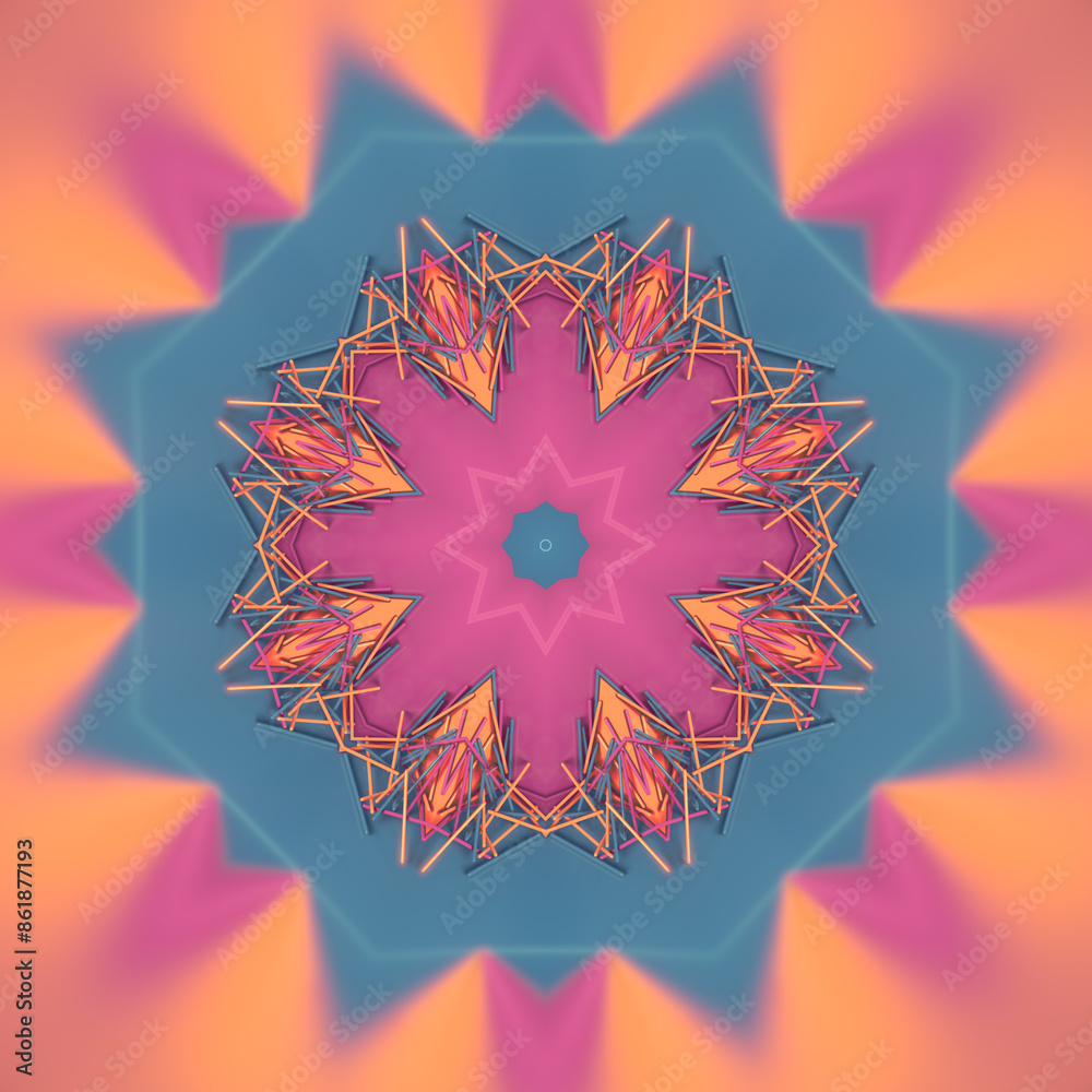 Poster kaleidoscopic illustration in the shape of a star made up of colored sticks and lines. 3d rendering