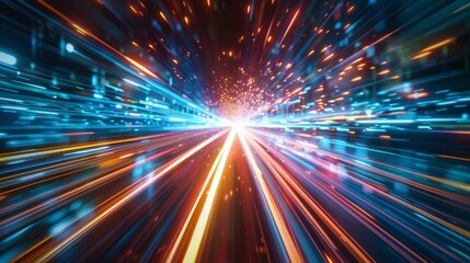 Dynamic tunnel with vibrant colors, energy sparks, futuristic atmosphere, fast motion and technological marvel