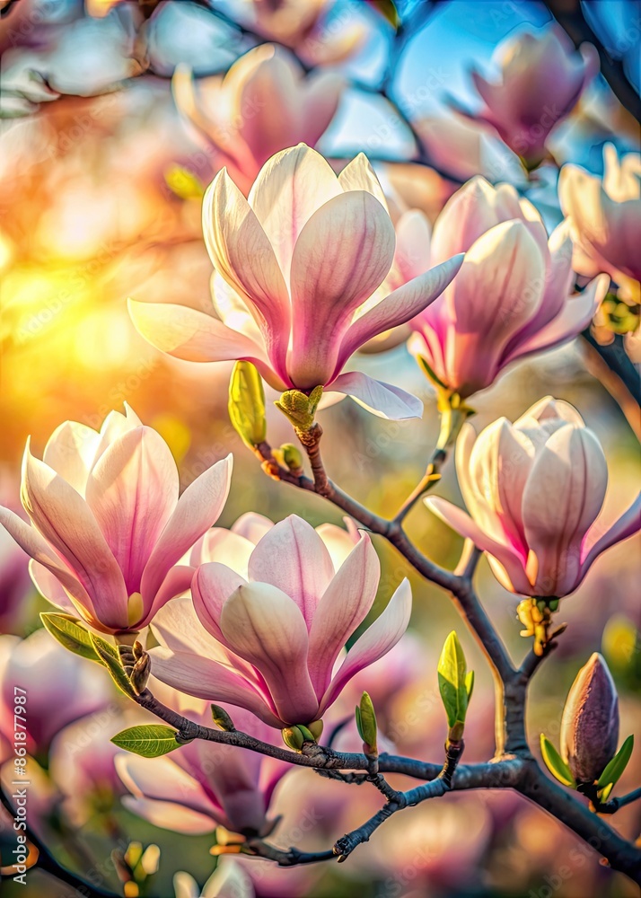 Sticker Blooming magnolia flowers in the sunlight.