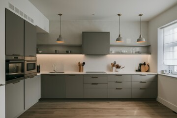 A kitchen with a sink and counter top in the middle, AI