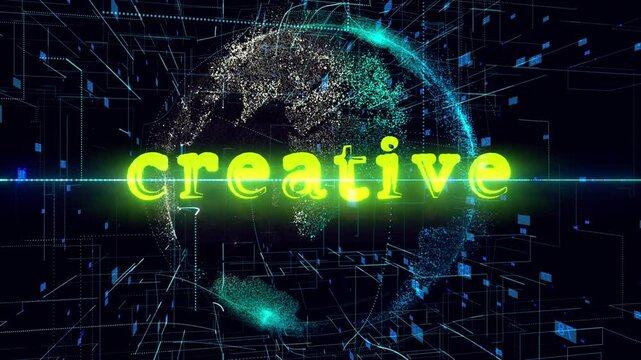Creative title, Animation of data processing over globe. Concept Artificial intelligence, new product, app, content generation by neural network
