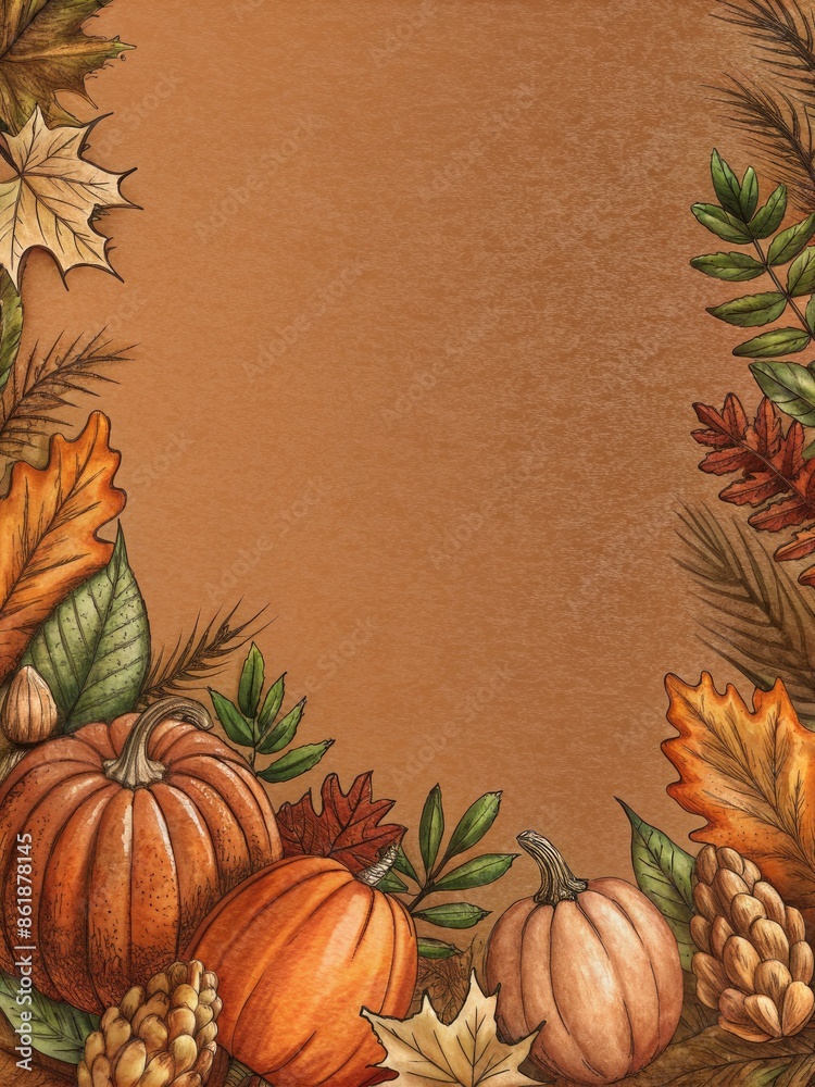 Poster Autumnal border with pumpkins and leaves.