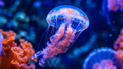 Obraz premium Jellyfish in an aquarium with corals.