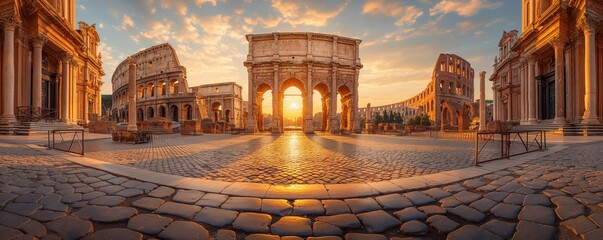 The Roman Forum at dawn highlights its iconic arches and columns, capturing the serene and majestic history of ancient Rome as the sun begins to rise.