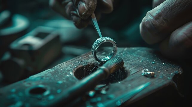 A jeweler uses a tool to polish a silver ring, focusing on the details of the craftsmanship