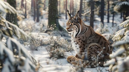 A lynx sitting quietly in a snowy forest clearing, its coat blending with the winter whites and sparse underbrush