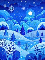 Snowy landscape with hills and trees at night.