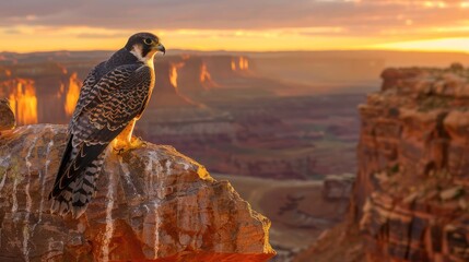 A majestic falcon perched on a rugged cliff face, overlooking a vast, untouched valley at sunrise