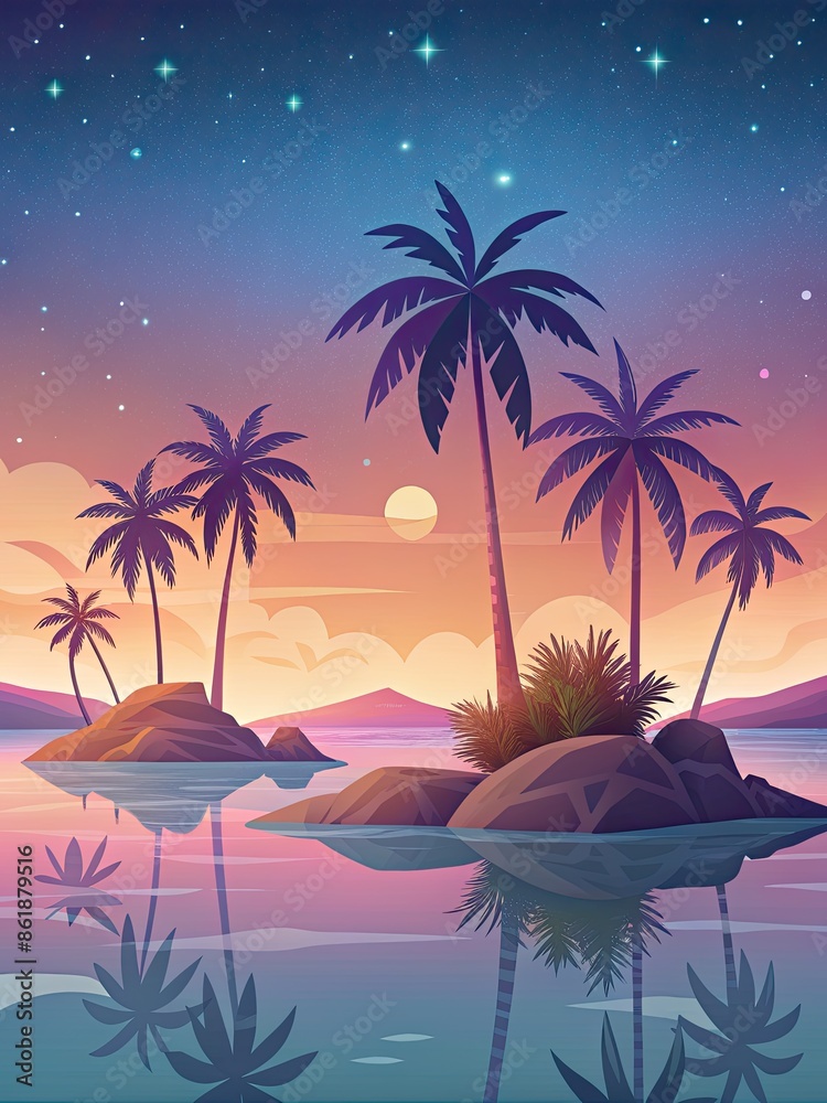 Poster Tropical sunset with palm trees and a calm sea.