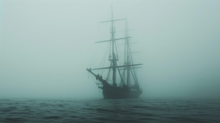 An old sailing ship emerges from dense fog on a calm, misty sea, creating an eerie and mysterious atmosphere under a muted, gray sky.