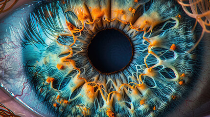 Close-Up Macro Shot of Detailed Human Iris and Cornea Showing Intricate Structures. for medical , educational materials, scientific research, eye care advertising, and tech visuals.
