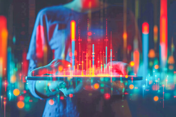 Hands are seen holding a tablet showcasing futuristic data visualization and holograms