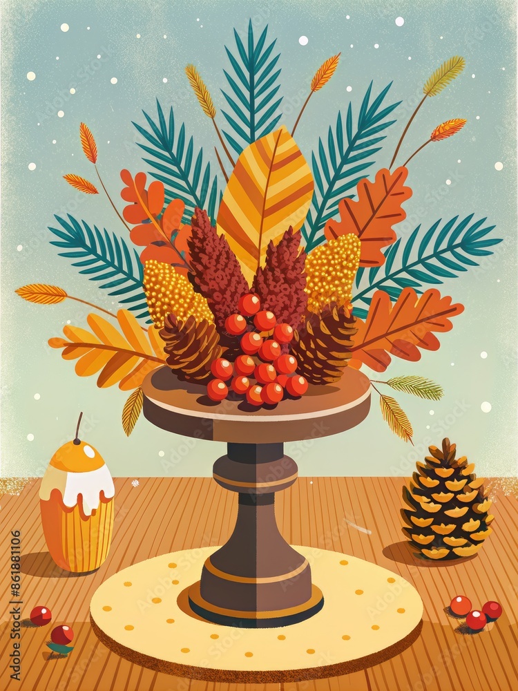 Poster Harvest-themed table centerpiece with pine cones and fruits.