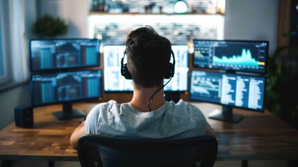 Man analyzing cryptocurrency data on multiple monitors in a modern office, wearing headphones and working late to monitor financial markets.