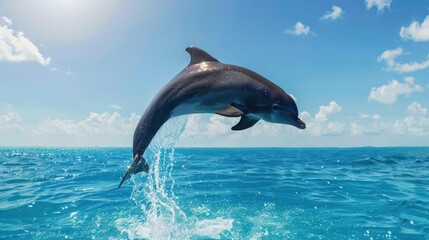 Fototapeta premium A playful dolphin leaping from the sparkling turquoise sea under a clear blue sky, its silhouette crisp against the sunlit water