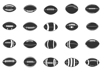 American football equipment silhouettes set. Rugby balls icons set. Ball sport accessory, workout isolated vector elements