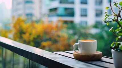 Warm coffee cup on a balcony railing with a blurred urban background, showcasing a peaceful morning scene.