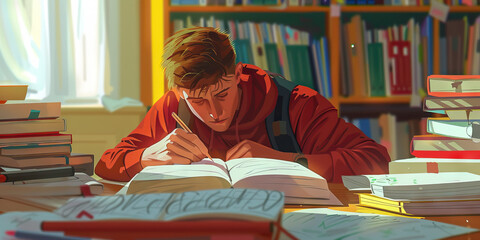 A student earnestly studies for their upcoming exam, surrounded by neatly organized textbooks and notes.