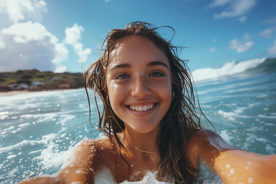 Happy corean girl surfer on the waves, taking a selfie against the blue sky