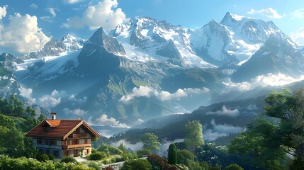 Fototapeta premium This image captures a serene scene of a Swiss chalet nestled in the mountains The chalet, with its brown roof and white walls, is surrounded by lush greenery. 