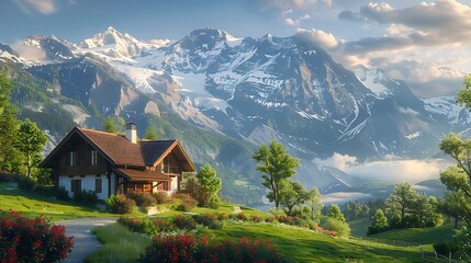 This image captures a serene scene of a Swiss chalet nestled in the mountains The chalet, with its brown roof and white walls, is surrounded by lush greenery. 