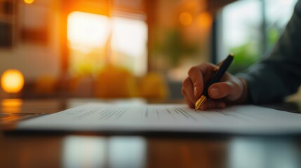 A person signs a document with a pen in a warmly lit room, signifying agreement or completion of important paperwork.