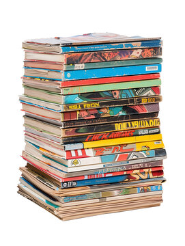 stack of comic books, pile of magazines, retro comic books, comics isolated on white transparent background, collection of books